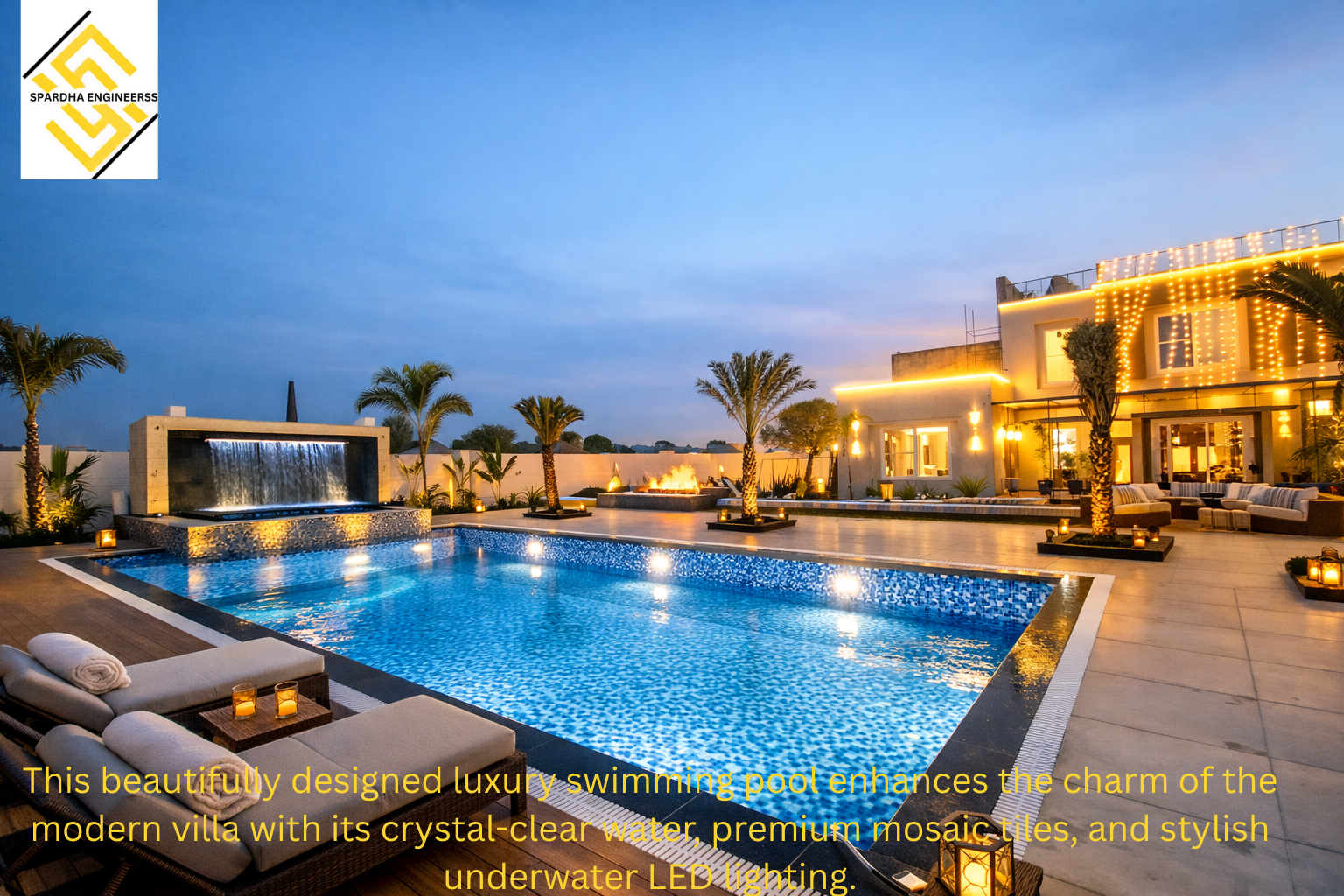 Luxury outdoor swimming pool with blue mosaic tiles, underwater LED lights, modern waterfall feature, and elegant villa design at evening time.