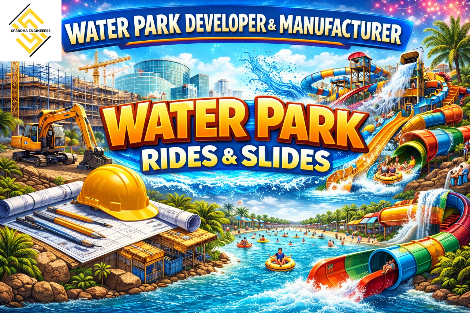 Water park developer and manufacturer showcasing modern water slides, wave pools, and construction planning for safe and exciting water park rides