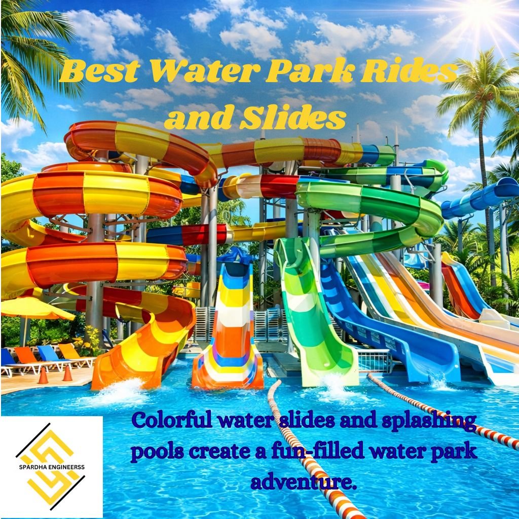 Colorful water park slides with people enjoying thrilling rides in a large splash pool.