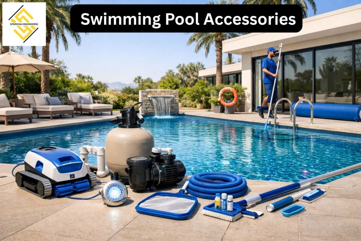 Swimming pool accessories in Delhi including pool cleaner, pump, filter, LED lights and maintenance equipment near modern pool