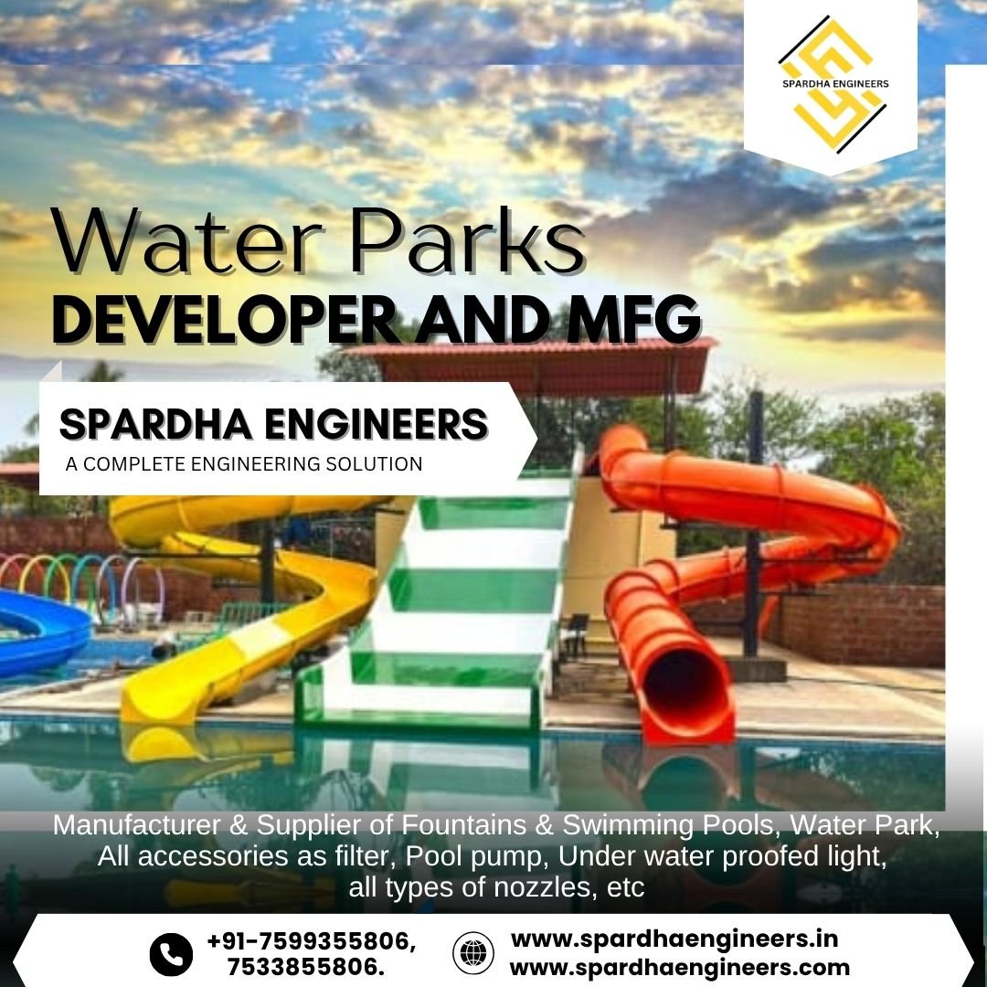 Water park developer and manufacture showcasing modern water park rides and slides with high-speed attractions and family play zones