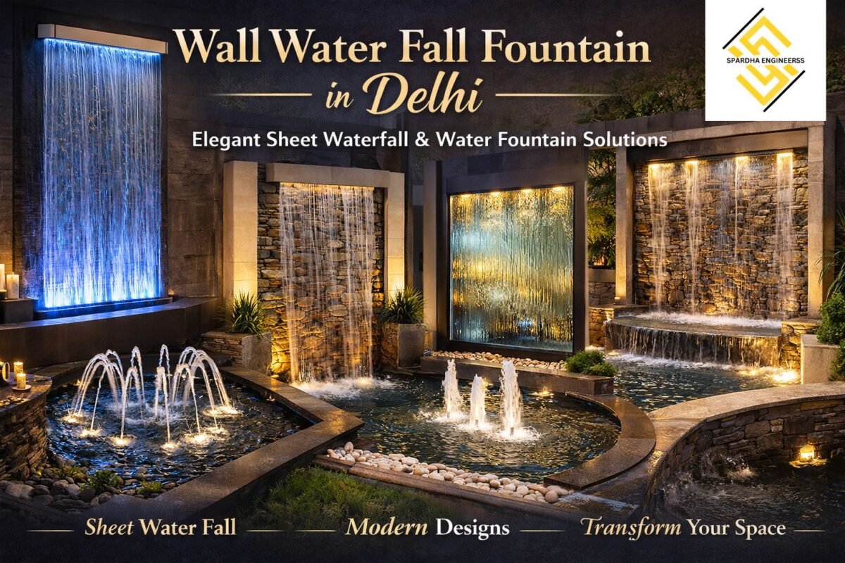 Wall water fall fountain in Delhi with modern sheet waterfall and luxury water fountain designs featuring LED lighting and stone wall setup