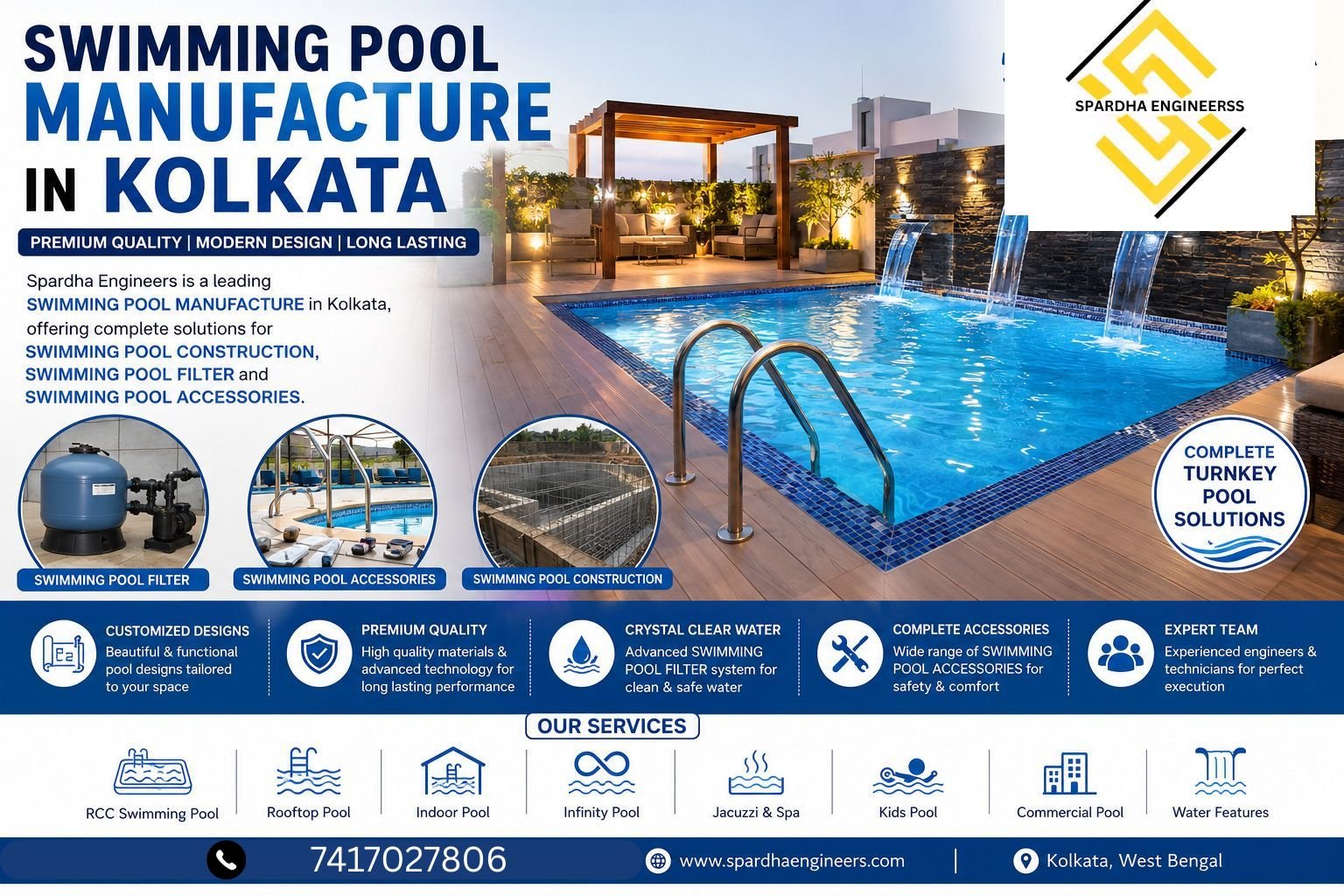 Luxury swimming pool manufactured by Spardha Engineers in Kolkata with modern design, crystal-clear water, premium pool construction, swimming pool filter systems, and high-quality swimming pool accessories.