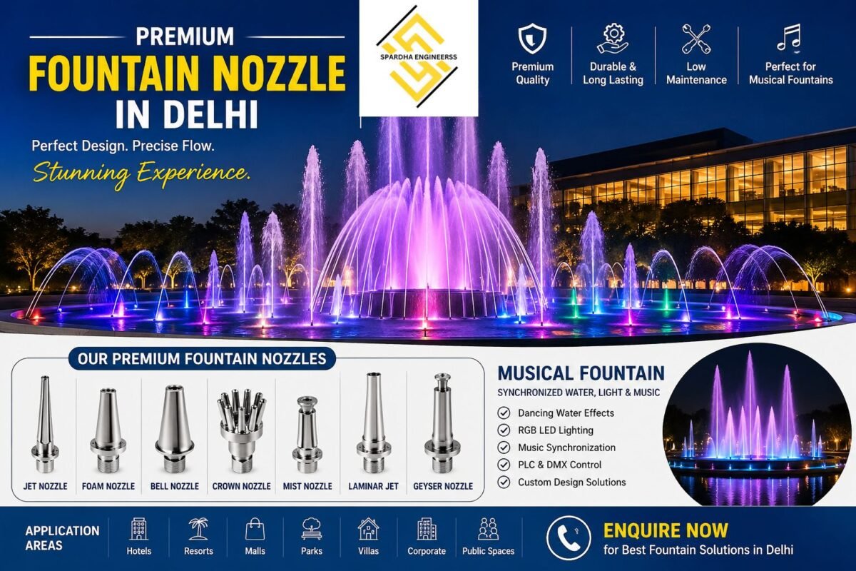 Premium Fountain Nozzle in Delhi with decorative outdoor water fountain and LED lighting solutions