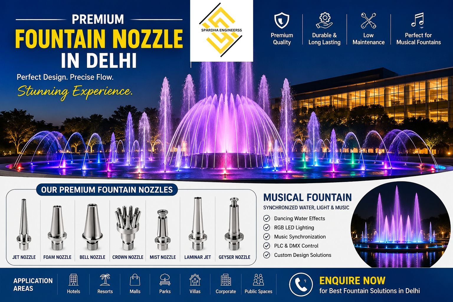 Premium Fountain Nozzle in Delhi with decorative outdoor water fountain and LED lighting solutions