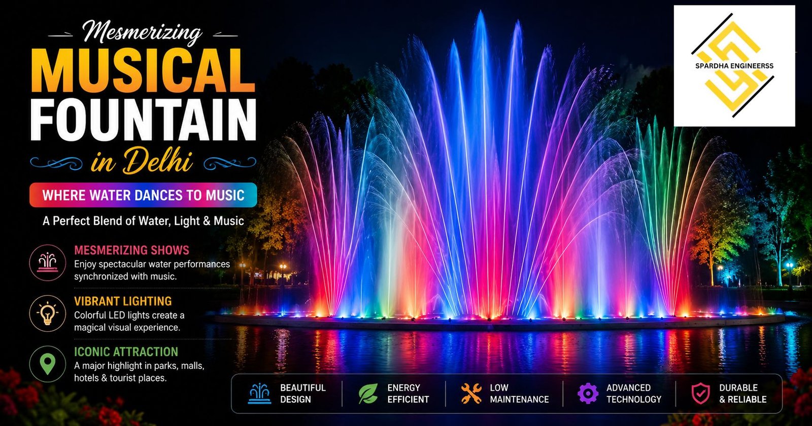 Colorful musical fountain in Delhi with vibrant LED lights, synchronized water jets, and attractive nighttime water show display.