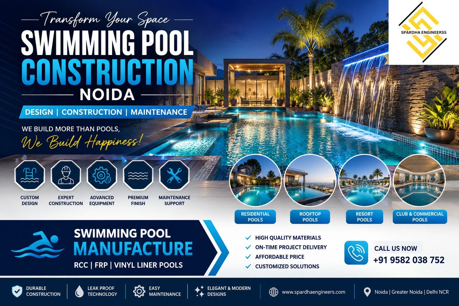 Luxury Swimming Pool Construction Noida with modern design, premium pool manufacturing, installation, and maintenance services.