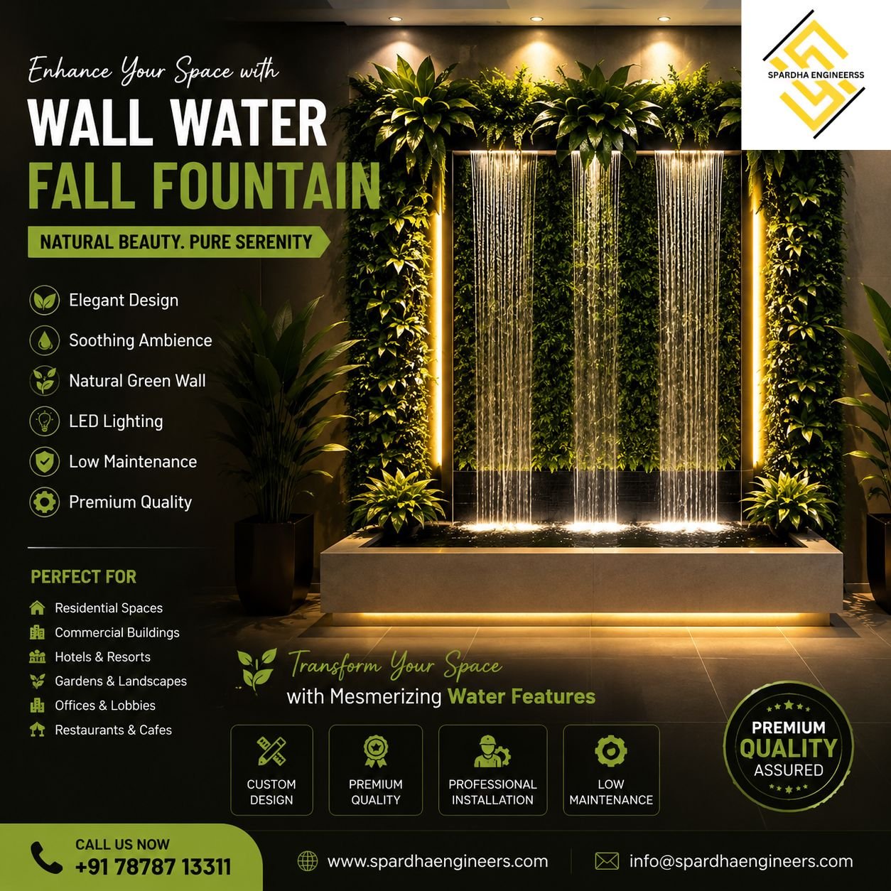 Modern Wall Water Fall Fountain design with LED lighting for luxury hotels, homes, offices, and commercial spaces by Spardha Engineers.