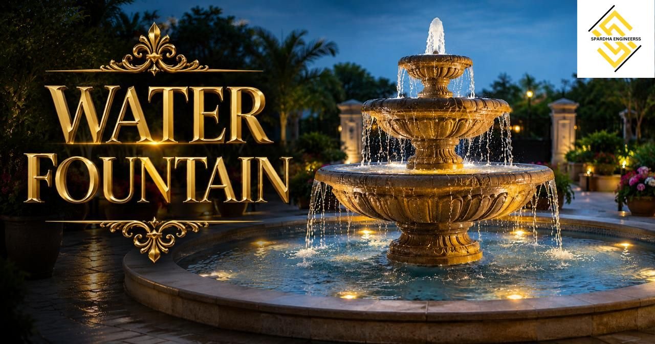 Modern water fountain in Gurgaon with colorful LED lights and premium commercial landscape design by Spardha Engineers.