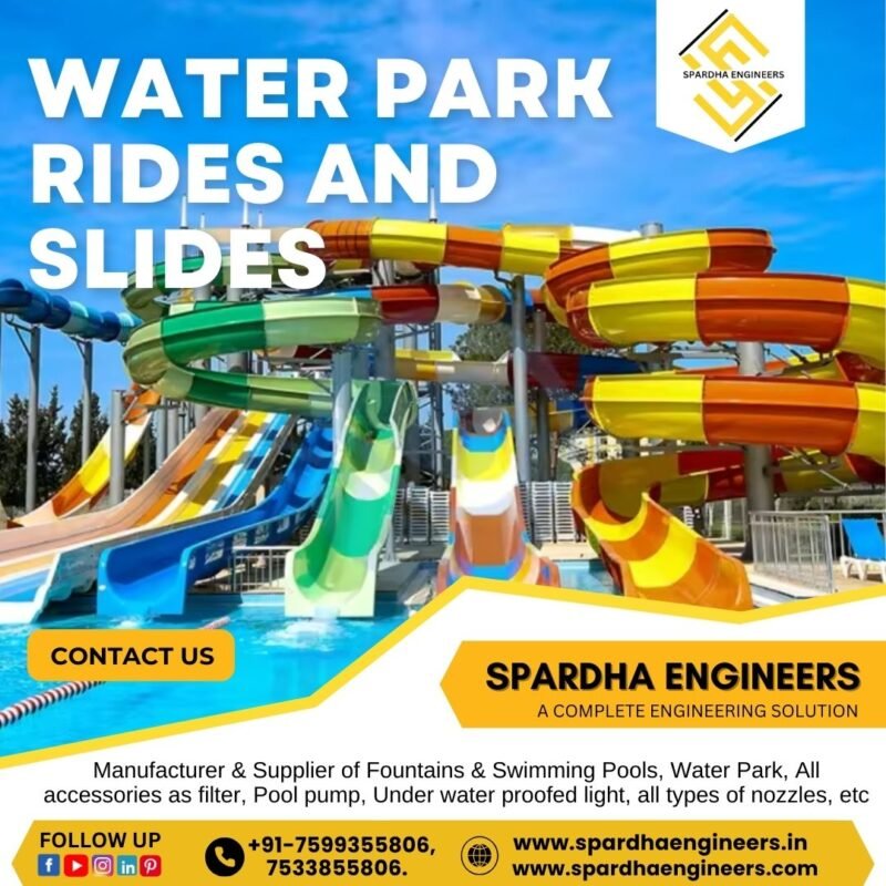 Colorful water park rides and spiral water slides in Punjab with thrilling adventure attractions and splash pool fun.