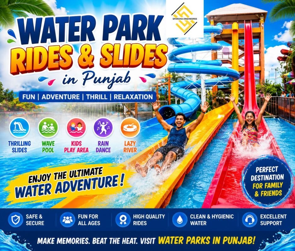 Colorful water park rides and spiral water slides in Punjab with thrilling adventure attractions and splash pool fun.