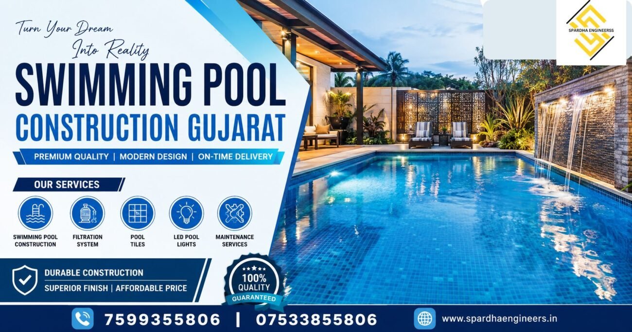 Swimming Pool Construction Gujarat by Spardha Engineers showcasing a premium custom swimming pool design with construction, filtration system, pool tiles, LED lighting, and maintenance services.
