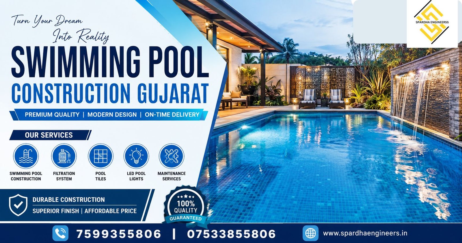 Swimming Pool Construction Gujarat by Spardha Engineers showcasing a premium custom swimming pool design with construction, filtration system, pool tiles, LED lighting, and maintenance services.