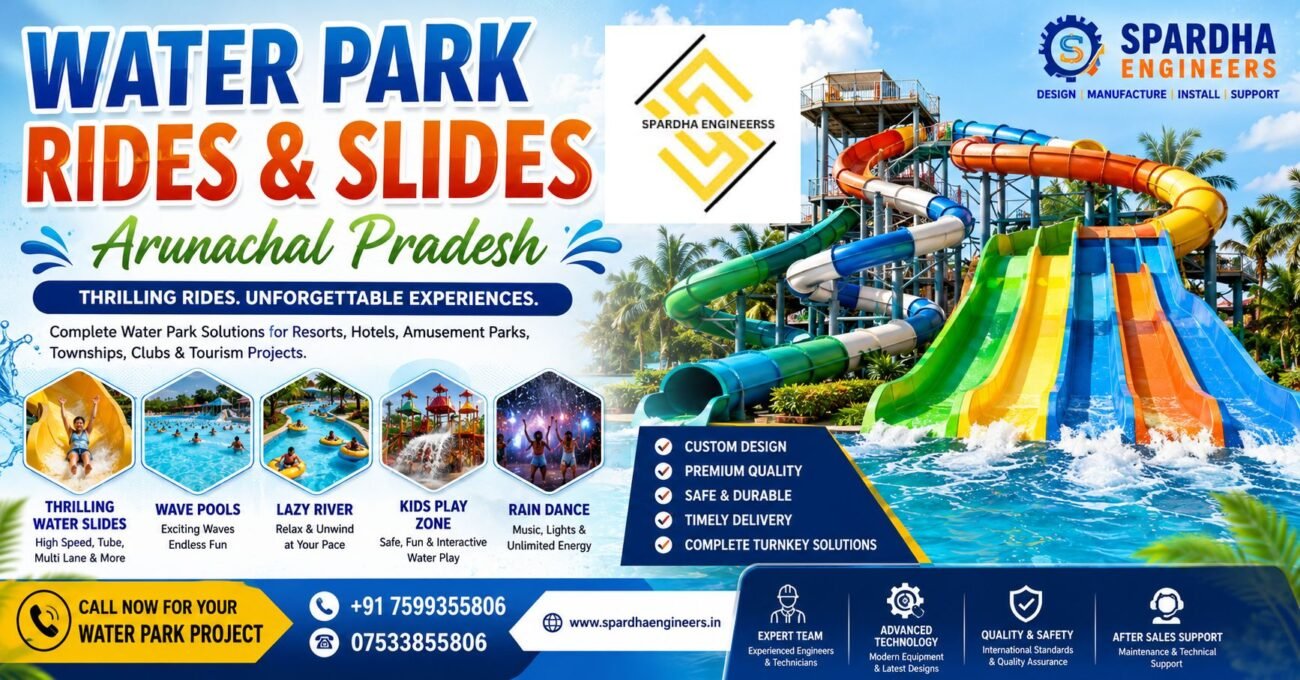 "Water Park Rides and Slides with family splash zone, kids water play area, colorful water attractions, and commercial water park solutions by Spardha Engineers India."