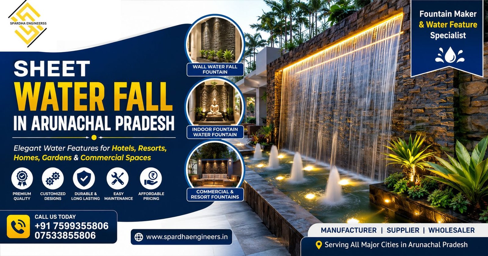 Sheet Water Fall & Wall Water Fall Fountain by Spardha Engineers featuring premium indoor and outdoor waterfall fountains with LED lighting, modern stone wall designs, and luxury water features for hotels, resorts, homes, and commercial spaces.