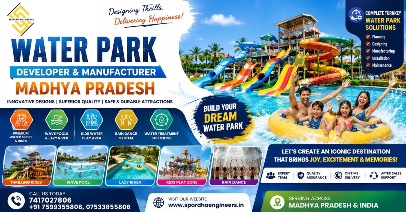 Modern water park developed by Spardha Engineers featuring colorful water slides, wave pool attractions, splash play areas, and advanced water park rides designed for family entertainment in Madhya Pradesh.