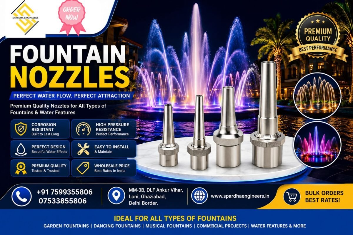 Premium stainless steel fountain nozzles displayed in front of a colorful illuminated musical fountain, showcasing high-performance water jet patterns for decorative fountains, water features, gardens, parks, hotels, and commercial projects by Spardha Engineers.