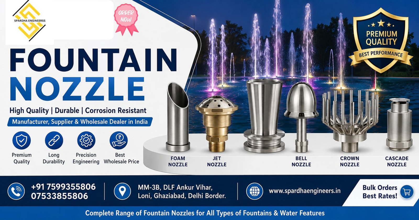 Premium stainless steel fountain nozzles displayed in front of a colorful illuminated musical fountain, showcasing high-performance water jet patterns for decorative fountains, water features, gardens, parks, hotels, and commercial projects by Spardha Engineers.