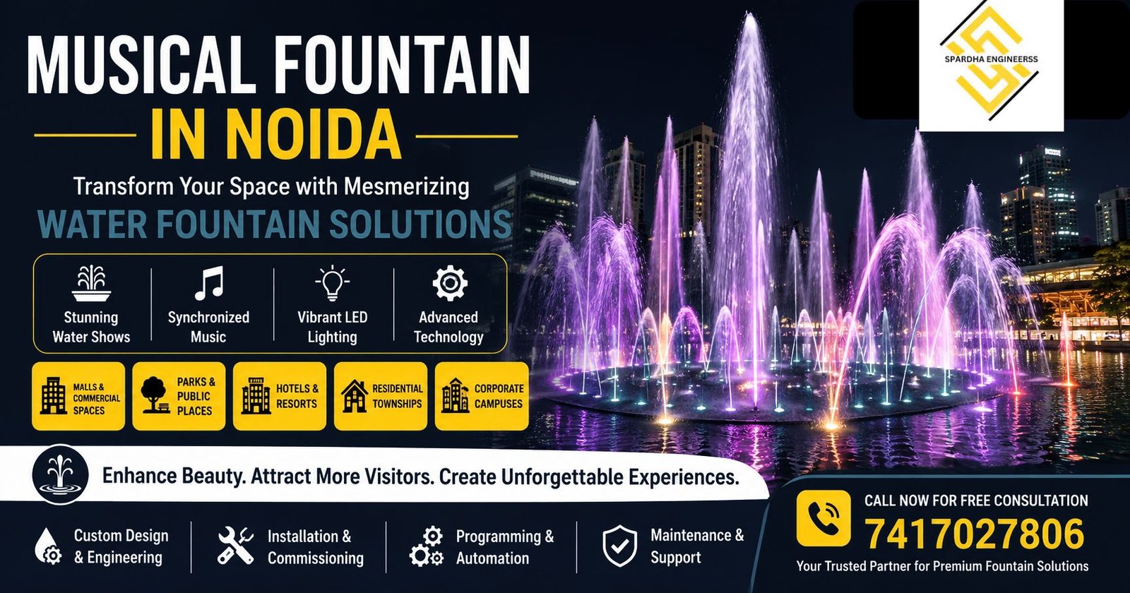 Musical Fountain in Noida with illuminated water fountain jets and modern architectural fountain design by Spardha Engineers