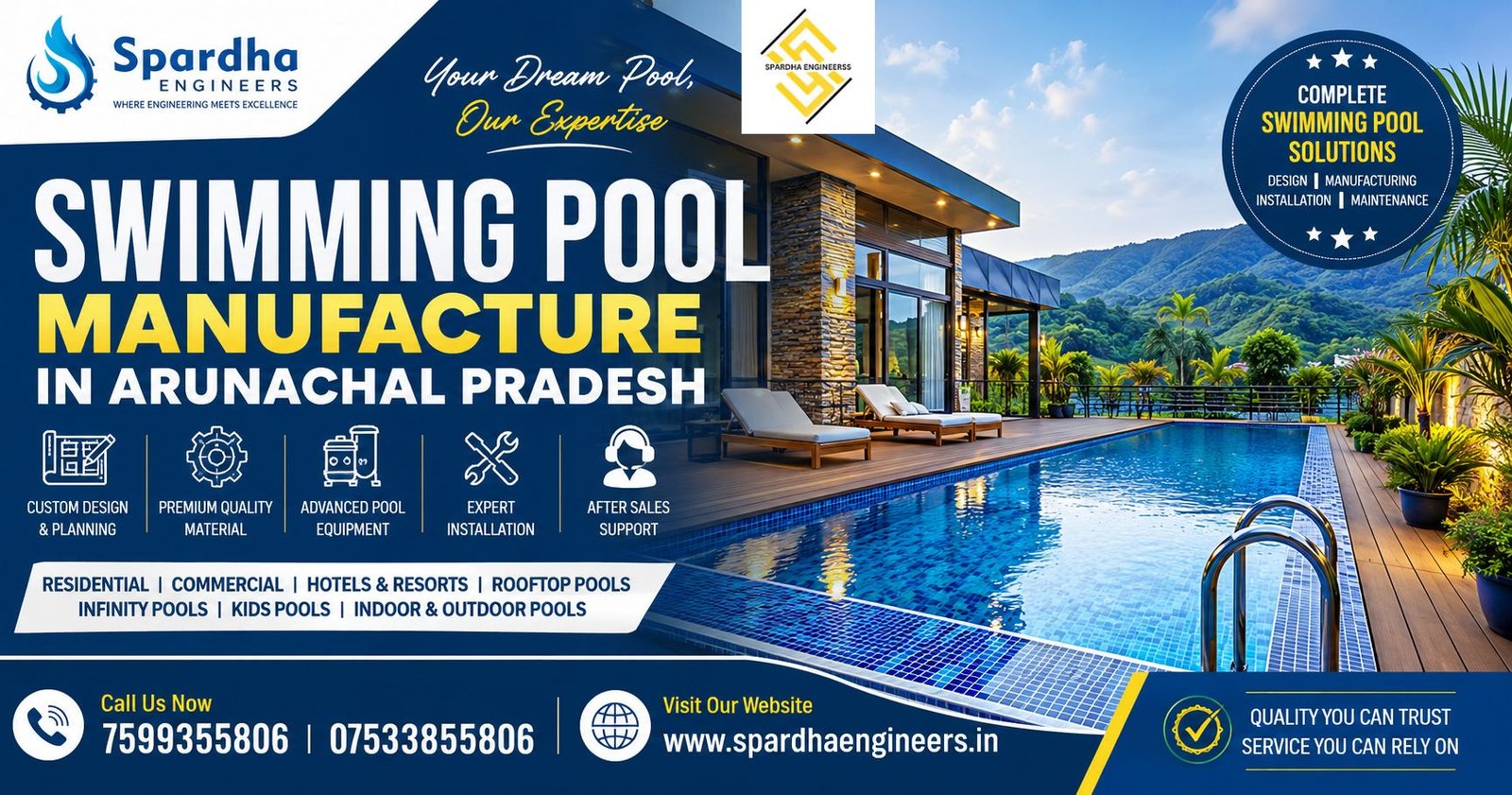Luxury Swimming Pool Manufacture in Arunachal Pradesh by Spardha Engineers featuring premium residential, commercial, hotel, resort, rooftop, and infinity pool design, construction, and installation services.