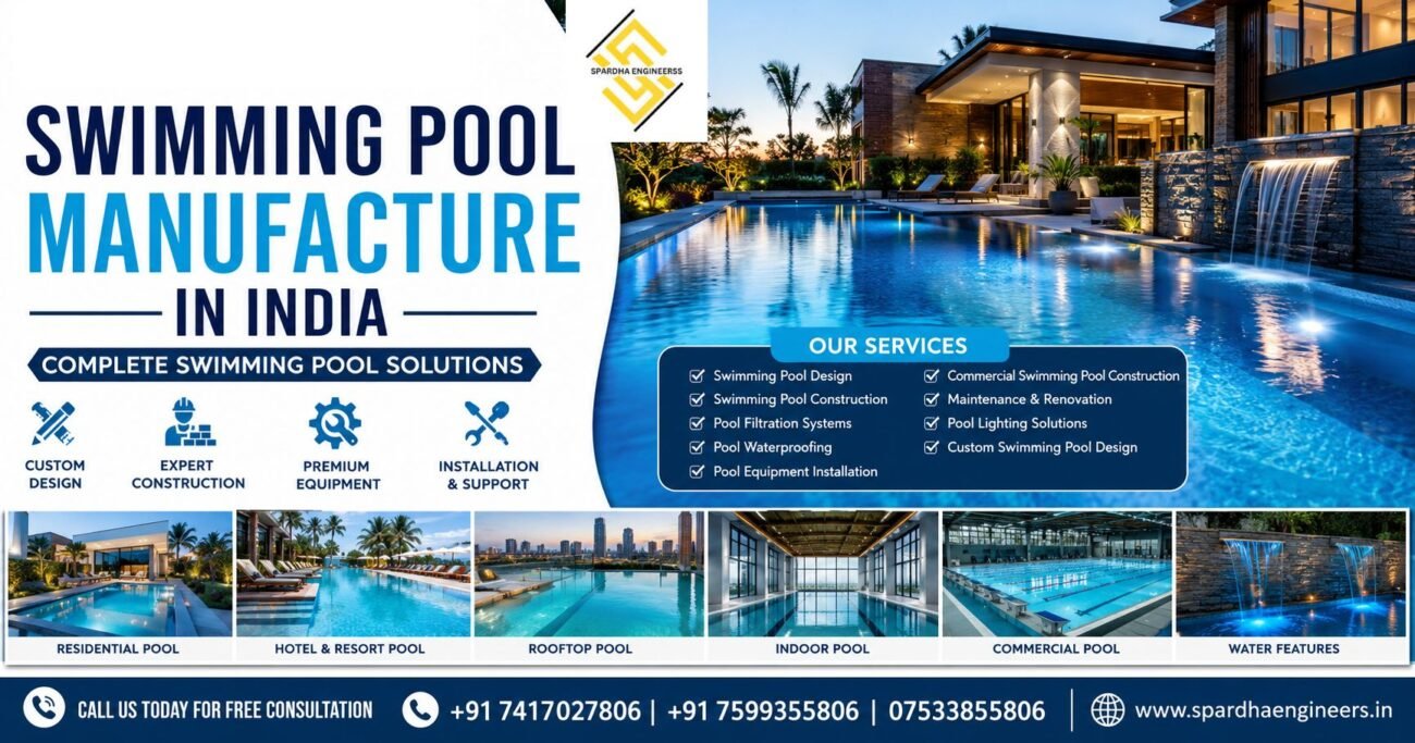 Luxury custom swimming pool with geometric design, illuminated blue tiles, underwater LED lighting, landscaped surroundings, and a modern lap pool at night.
