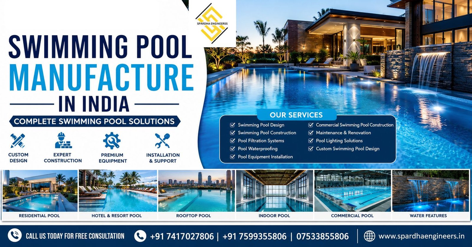 Luxury custom swimming pool with geometric design, illuminated blue tiles, underwater LED lighting, landscaped surroundings, and a modern lap pool at night.