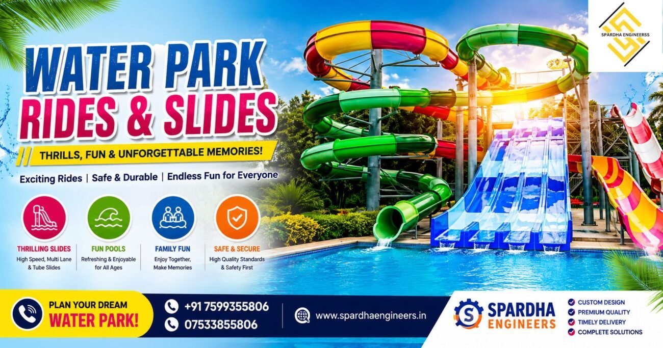 "Family enjoying colorful water park rides and slides at a modern splash play area."