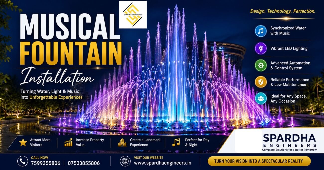 "Luxury musical fountain installation with colorful LED water jets in a beautifully landscaped garden, creating a synchronized dancing water show in front of a grand architectural building."