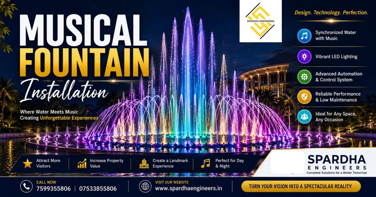 "Luxury musical fountain installation with colorful LED water jets in a beautifully landscaped garden, creating a synchronized dancing water show in front of a grand architectural building."