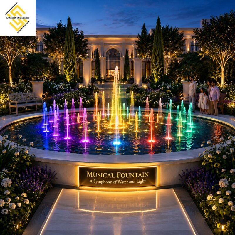 "Luxury musical fountain installation with colorful LED water jets in a beautifully landscaped garden, creating a synchronized dancing water show in front of a grand architectural building."