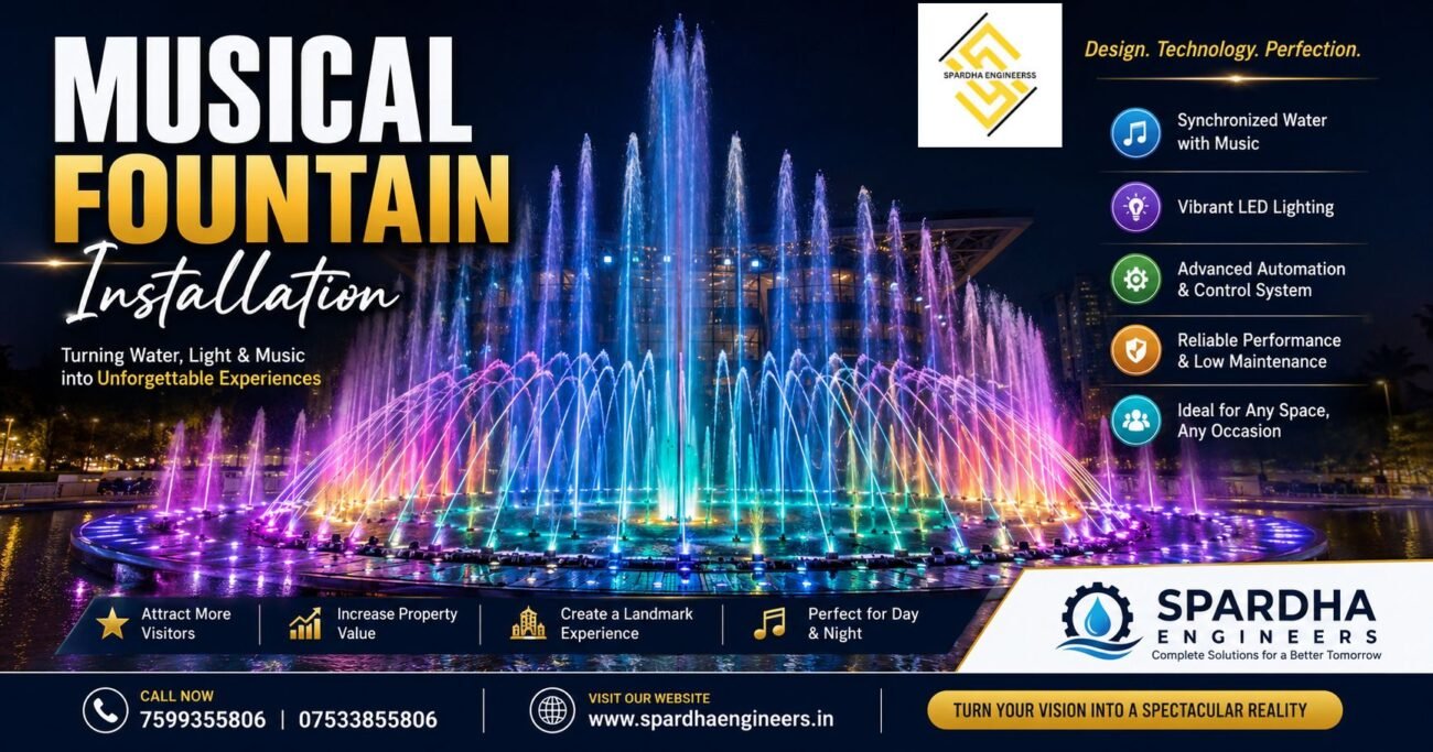 Professional Musical Fountain Installation with Colorful LED Dancing Water Jets in a Luxury Landscape by Spardha Engineers