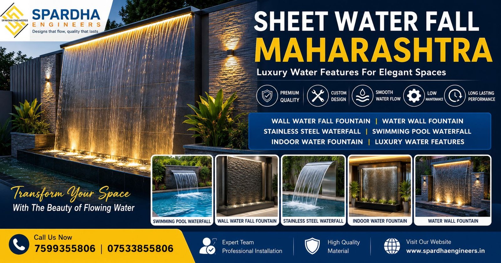 Premium Sheet Water Fall Maharashtra with modern wall water fountain design for luxury homes, hotels, resorts, and swimming pool projects by Spardha Engineers.