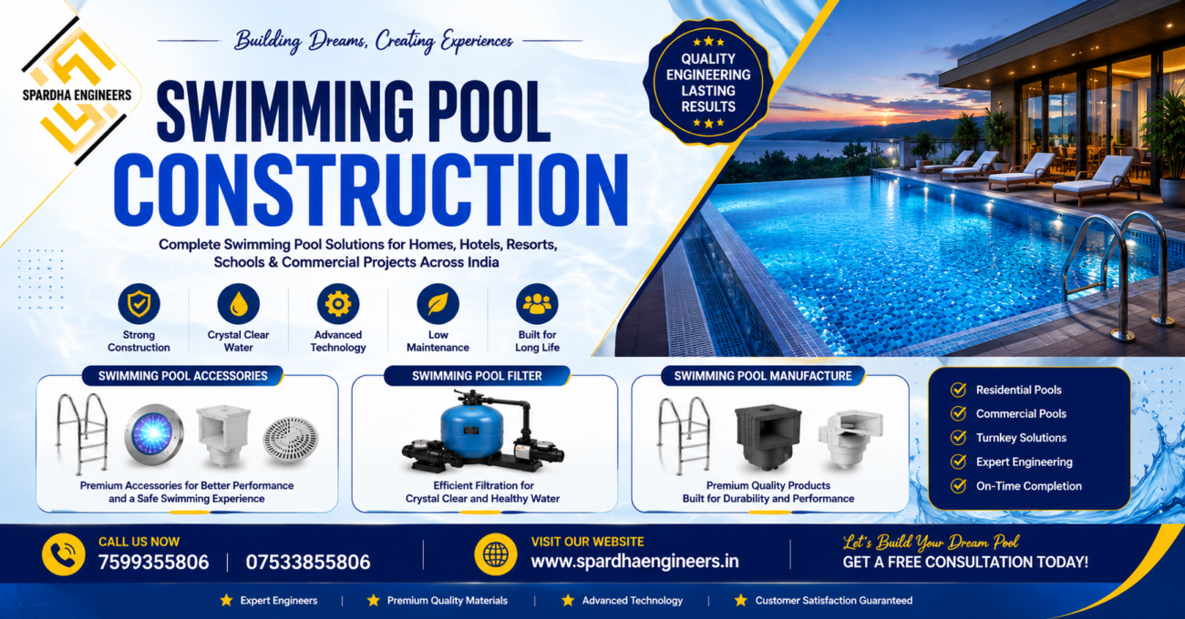 Luxury Swimming Pool Construction by Spardha Engineers with premium design, modern finishing, Swimming Pool Filter, and Swimming Pool Accessories for residential and commercial projects in India.