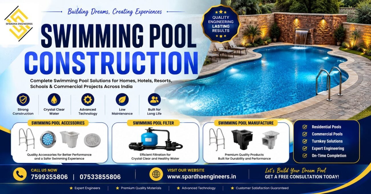 Luxury Swimming Pool Construction by Spardha Engineers with premium design, modern finishing, Swimming Pool Filter, and Swimming Pool Accessories for residential and commercial projects in India.