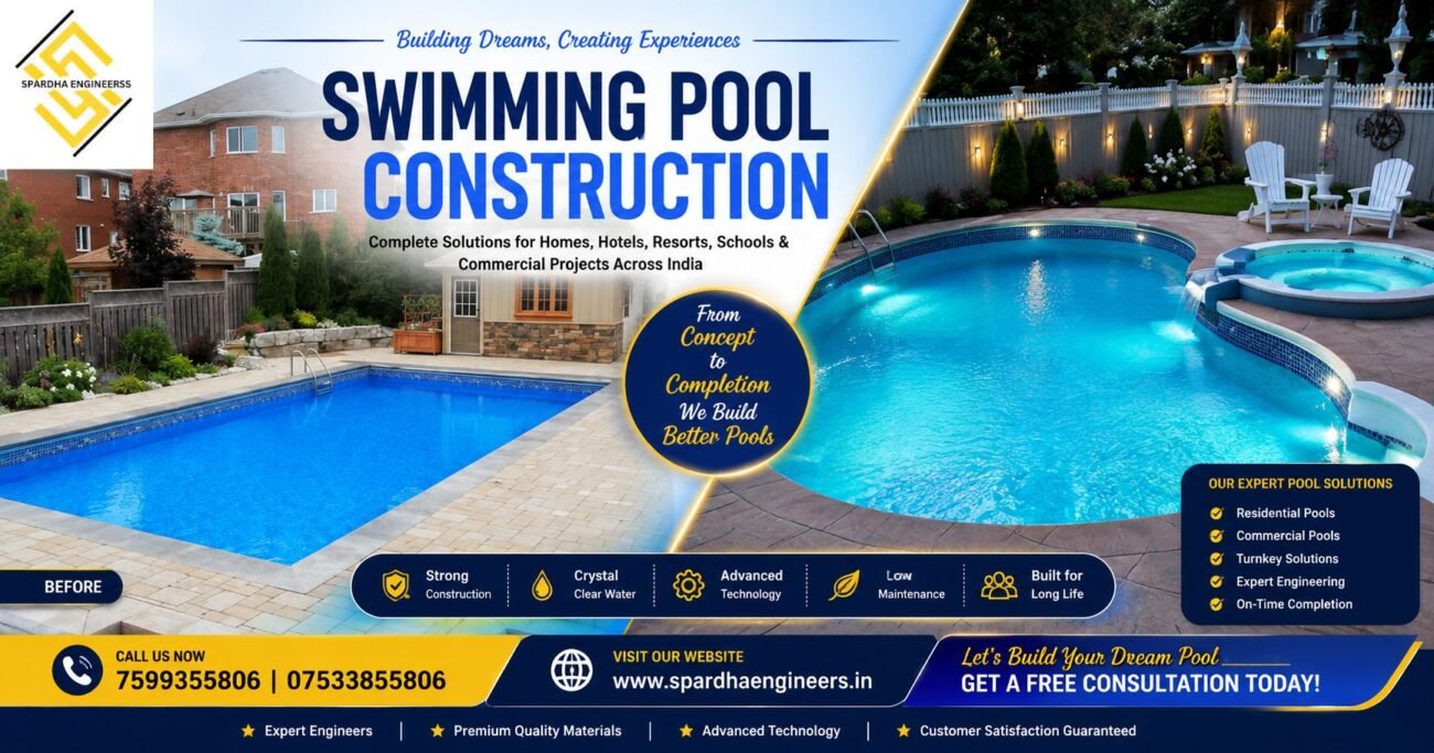 Luxury Swimming Pool Construction by Spardha Engineers with premium design, modern finishing, Swimming Pool Filter, and Swimming Pool Accessories for residential and commercial projects in India.