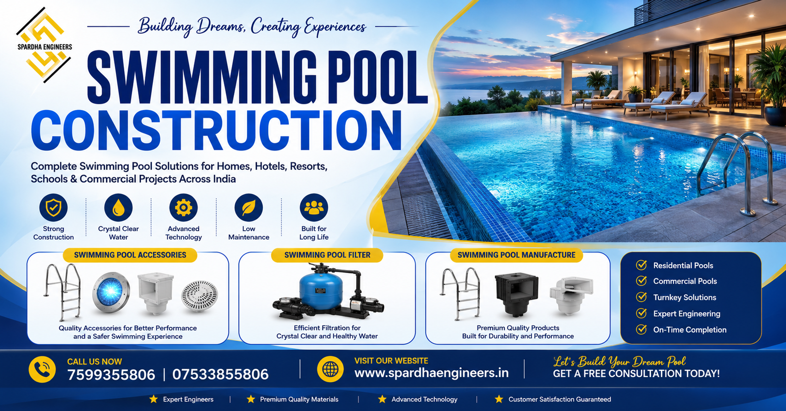 Luxury swimming pool construction by Spardha Engineers featuring modern residential pool designs, premium finishing, and expert engineering solutions.
