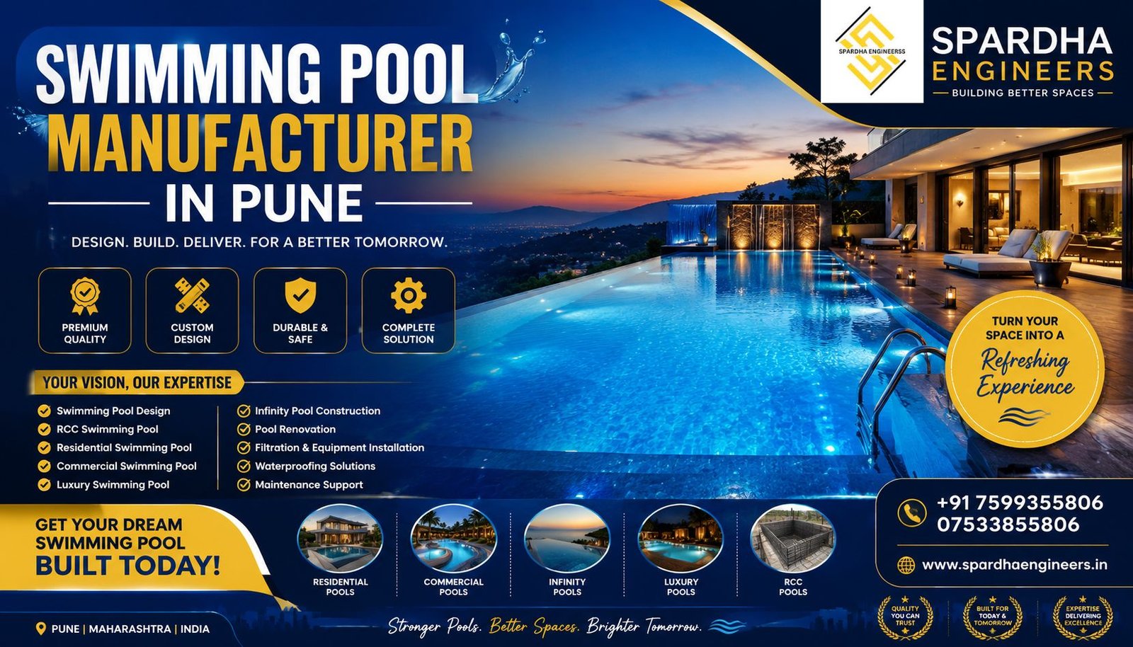Swimming Pool Manufacturer in Pune by Spardha Engineers showcasing luxury residential swimming pool design, RCC pool construction, commercial swimming pool solutions, filtration systems, and custom pool installation services.