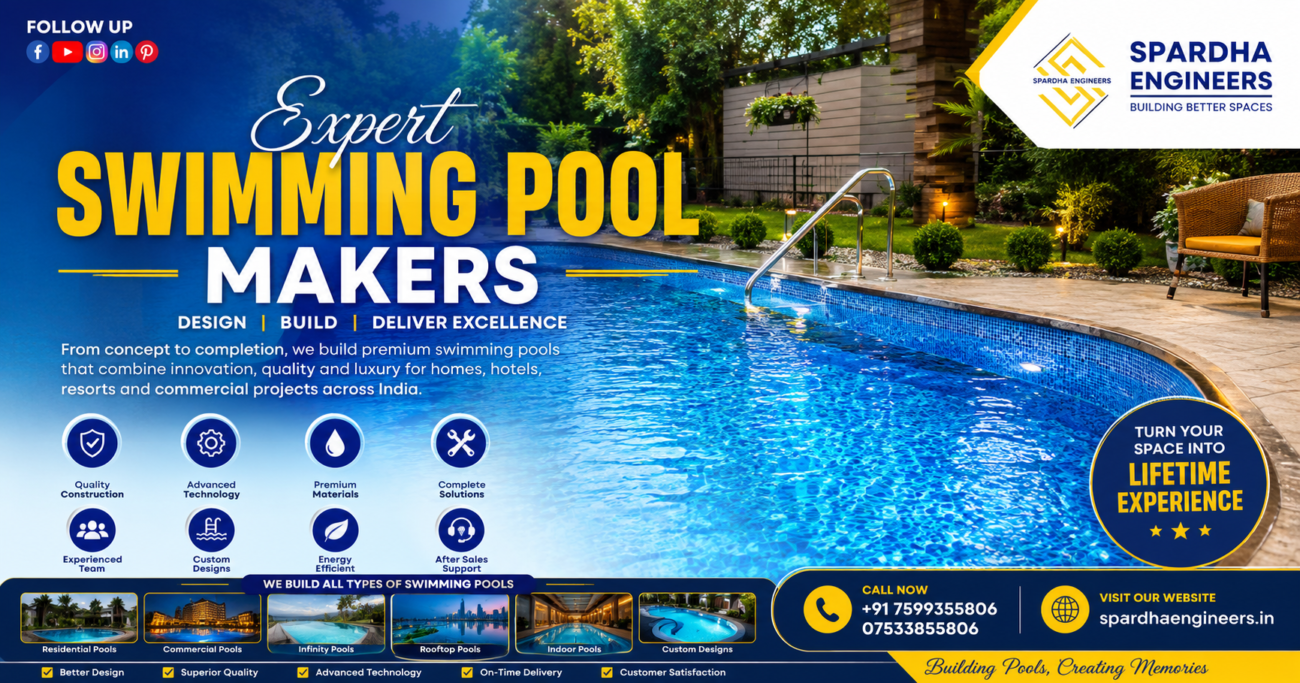 "Luxury swimming pool constructed by Spardha Engineers featuring modern pool design, crystal-clear blue water, premium landscaping, waterfall feature, LED lighting, and professional swimming pool construction services in India."
