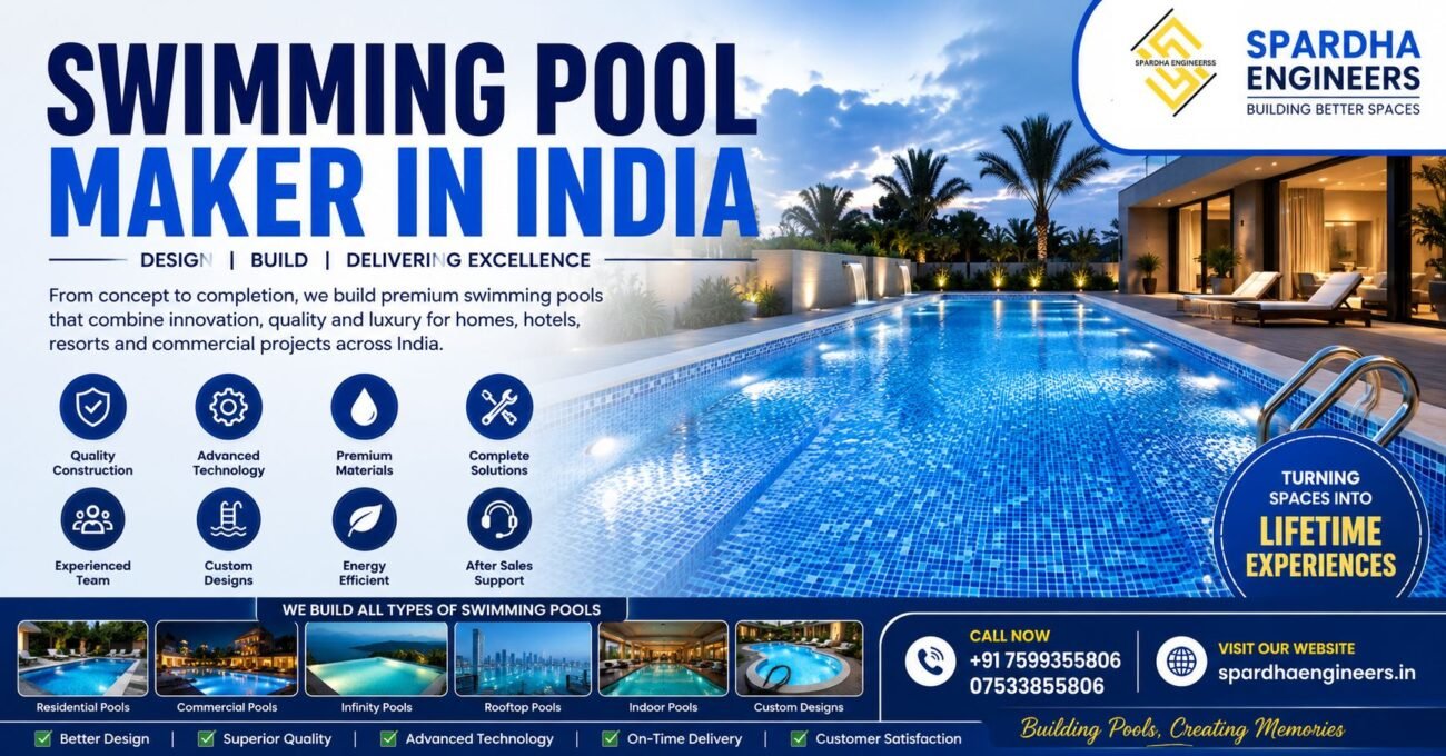 Luxury swimming pool constructed by Spardha Engineers featuring modern pool design, crystal-clear blue water, premium landscaping, waterfall feature, LED lighting, and professional swimming pool construction services in India.