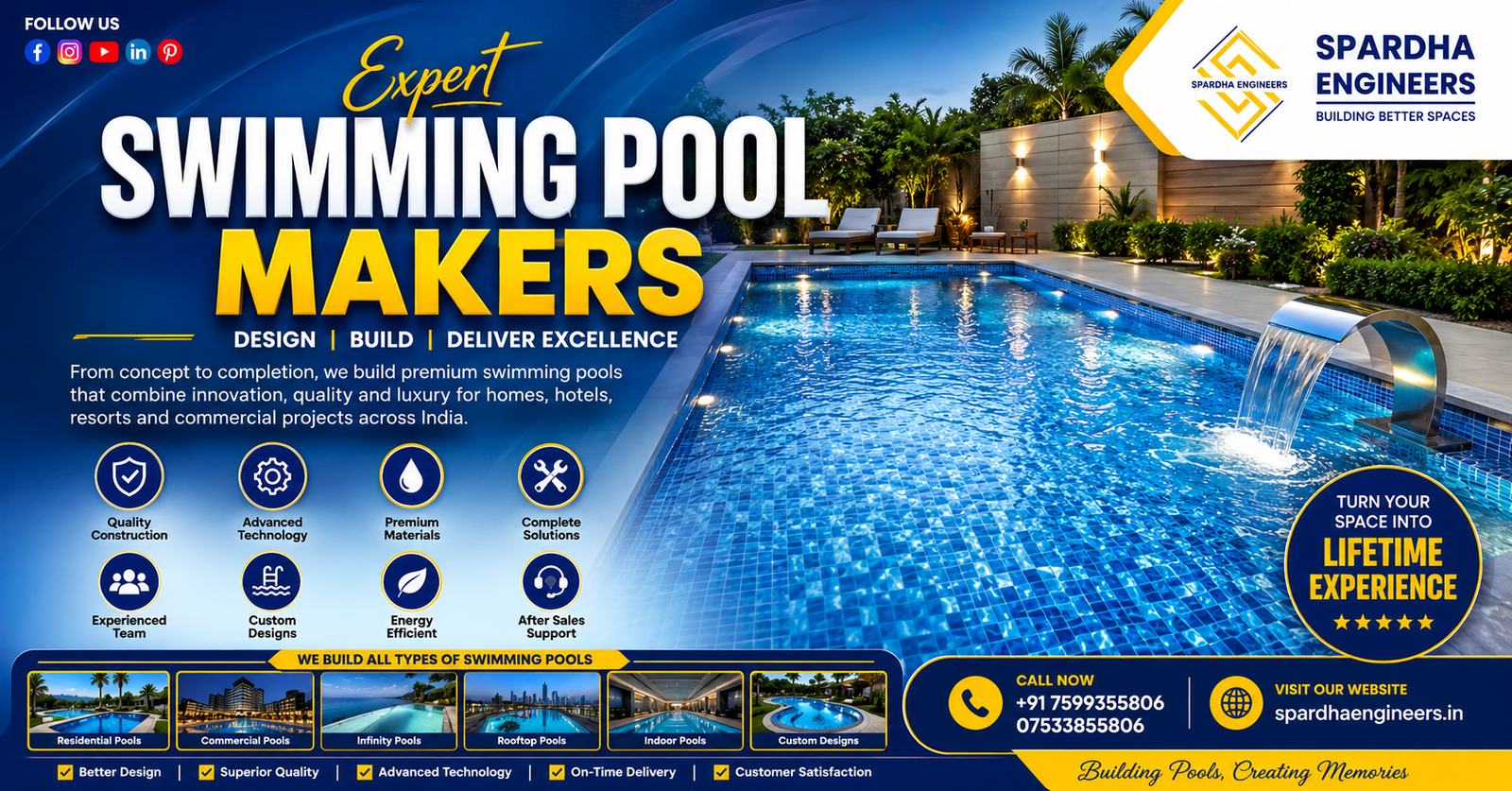Luxury Swimming Pool by Spardha Engineers – Premium Swimming Pool Maker in India with Modern Design, LED Lighting, Waterfall Feature, and Crystal Clear Water.