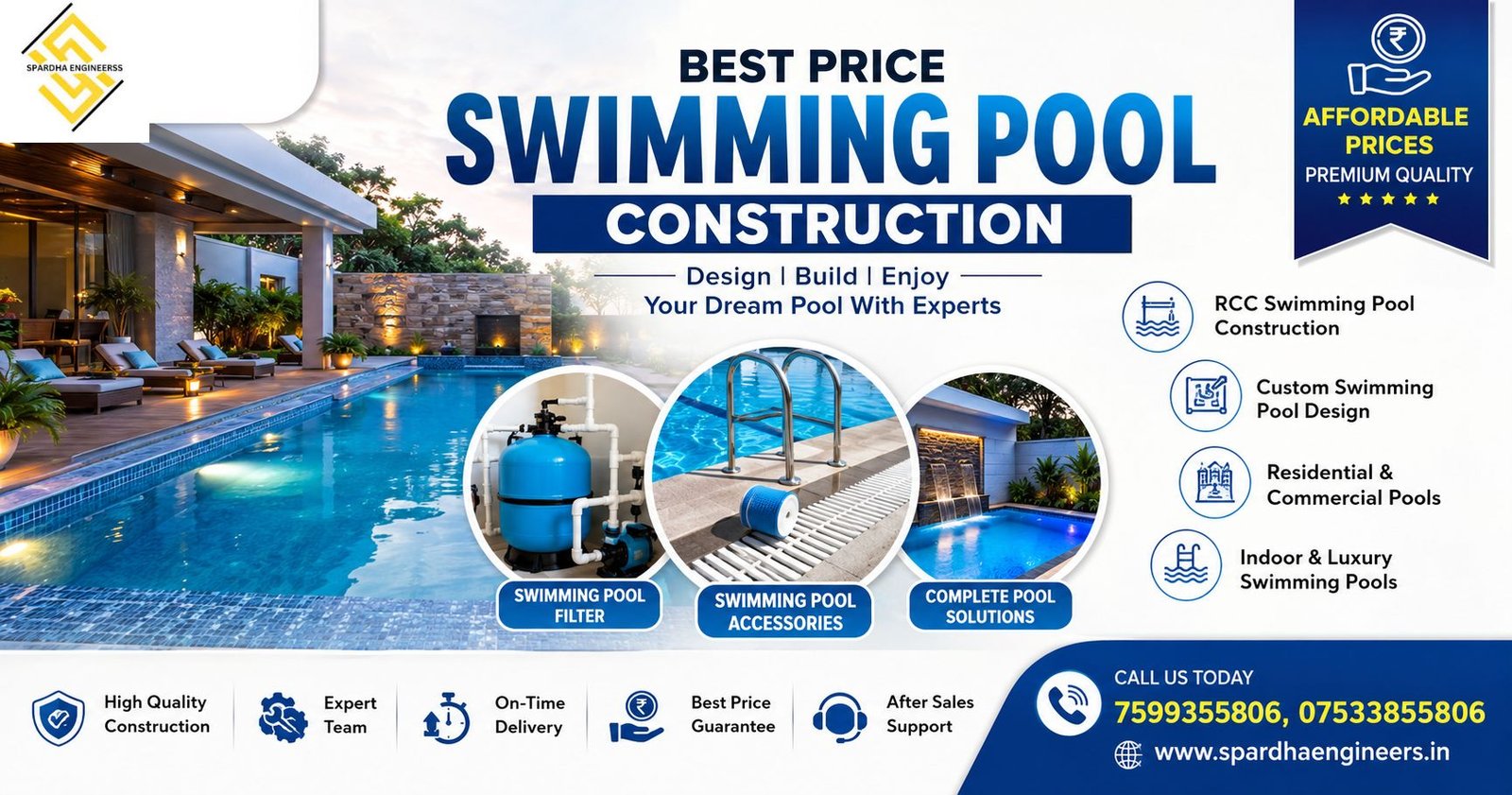 Best Price Swimming Pool Construction by Spardha Engineers featuring a modern luxury residential swimming pool with premium pool accessories and filtration system