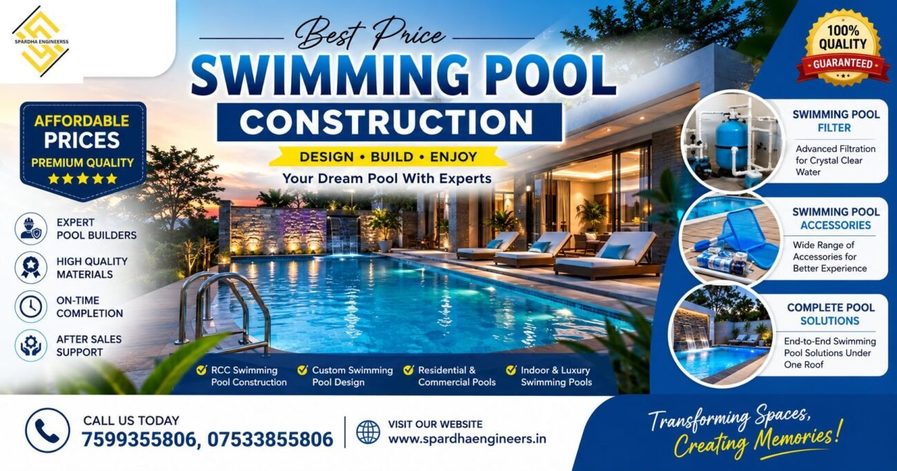 Best Price Swimming Pool Construction by Spardha Engineers featuring a modern luxury residential swimming pool with premium pool accessories and filtration system