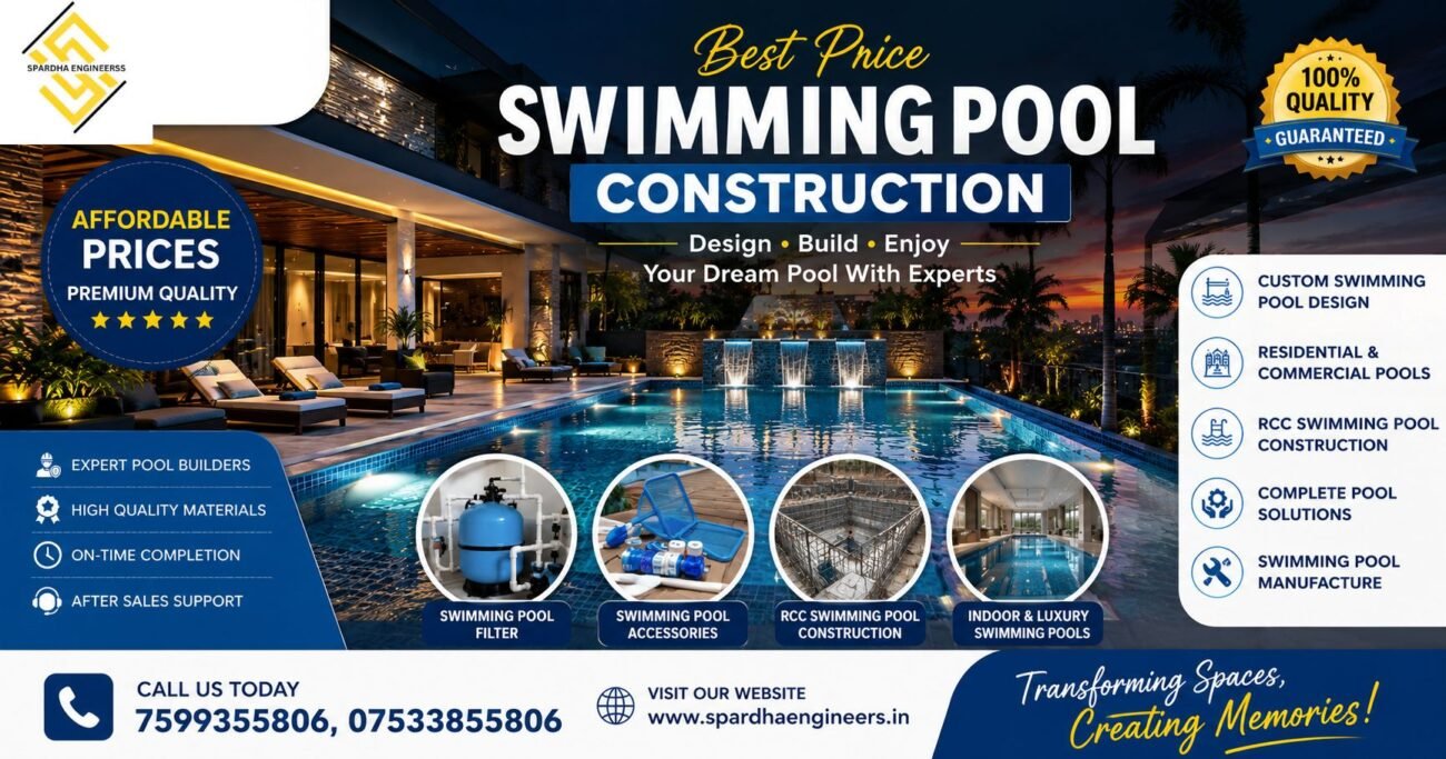 Best Price Swimming Pool Construction by Spardha Engineers featuring a modern luxury residential swimming pool with premium pool accessories and filtration system
