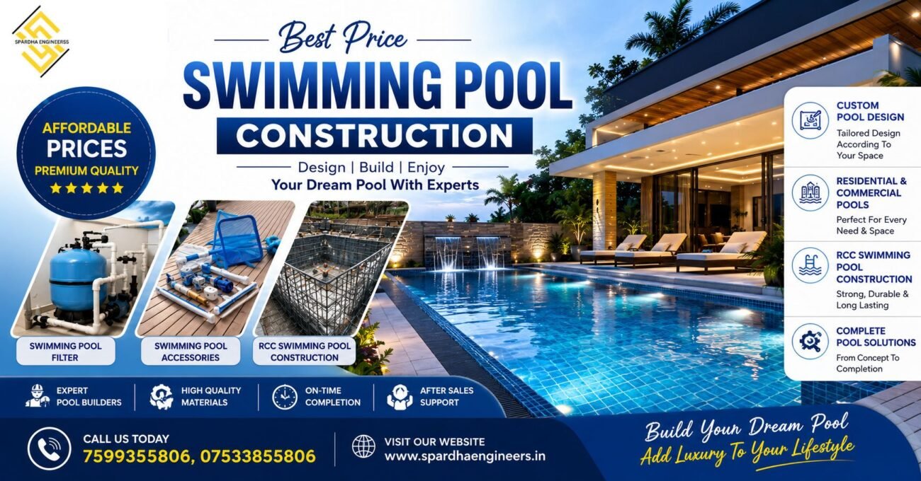 Best Price Swimming Pool Construction by Spardha Engineers featuring a modern luxury residential swimming pool with premium pool accessories and filtration system