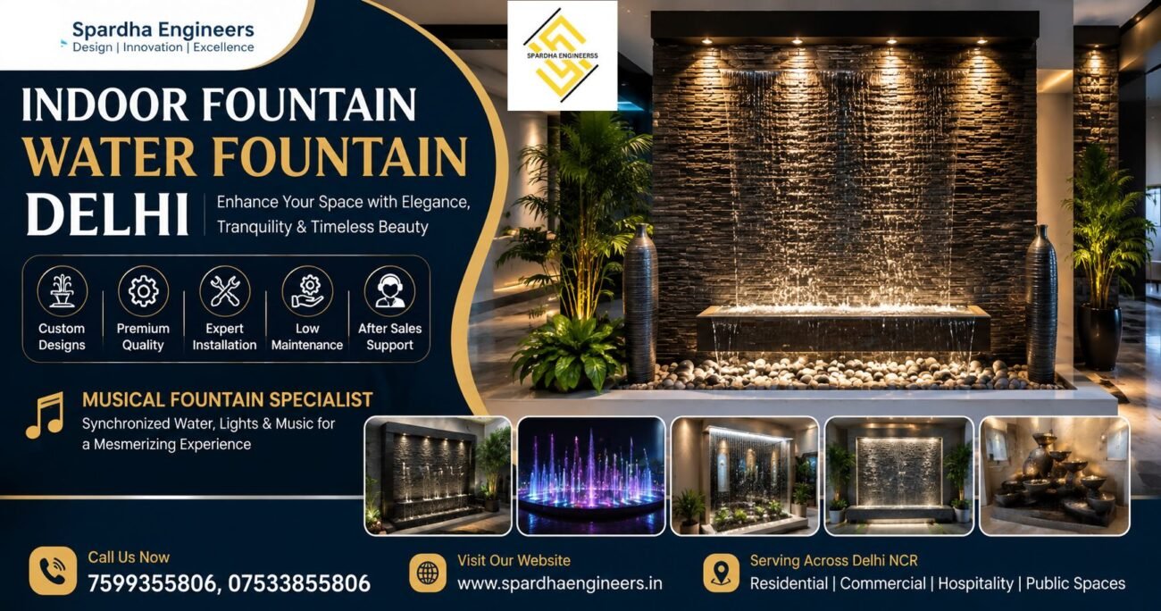 Modern Wall Water Fall Fountain with LED lighting by Spardha Engineers, featuring a premium decorative water feature for homes, hotels, offices, restaurants, and commercial spaces.