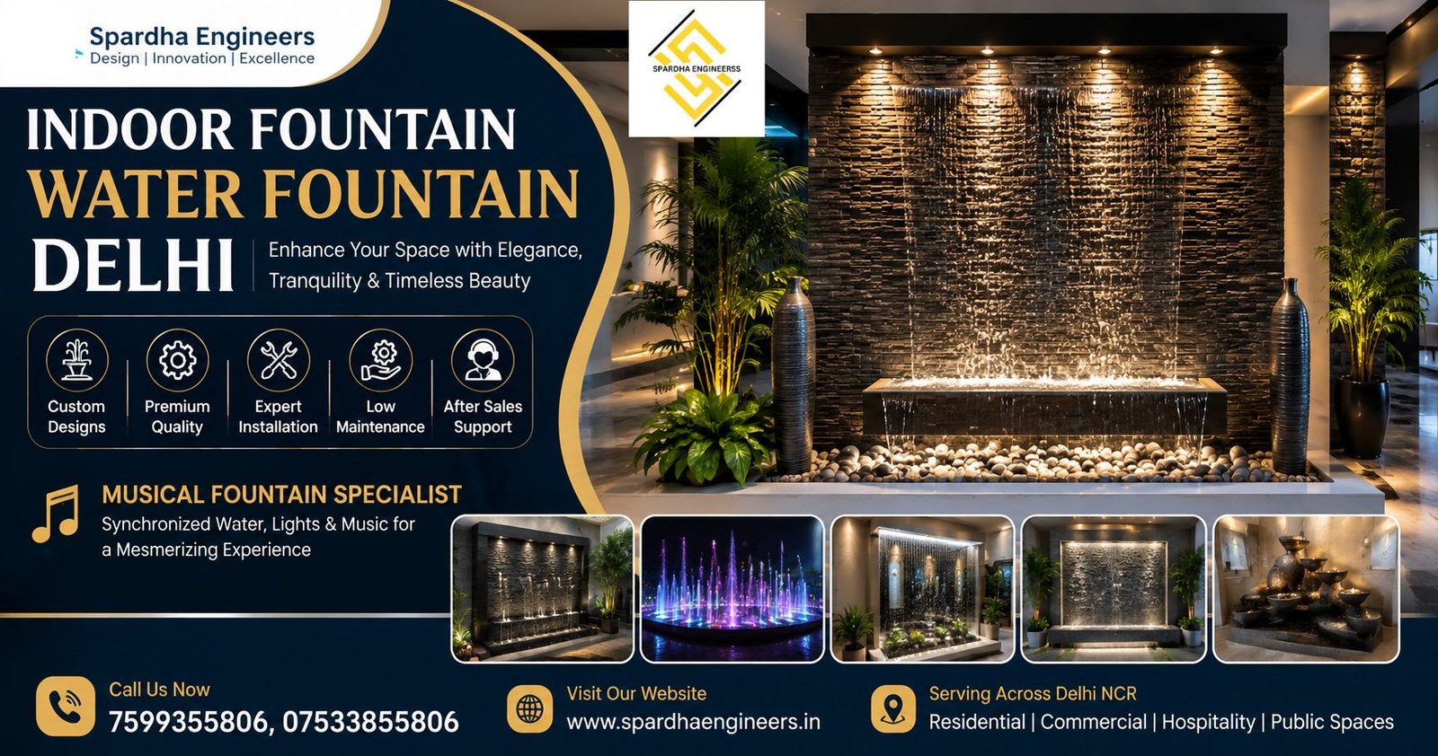 Modern Wall Water Fall Fountain with LED lighting by Spardha Engineers, featuring a premium decorative water feature for homes, hotels, offices, restaurants, and commercial spaces.