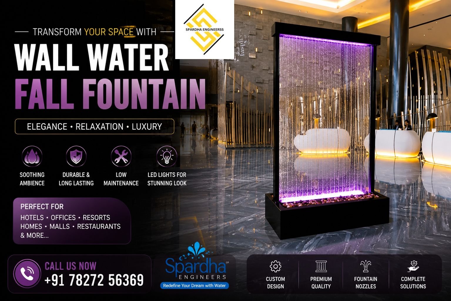 Modern Wall Water Fall Fountain with LED lighting manufactured by Spardha Engineers for luxury homes, hotels, offices, restaurants, and commercial spaces in Noida.