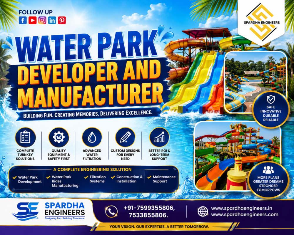 Water Park Developer and Manufacturer in India by Spardha Engineers featuring colorful water slides, wave pools, turnkey water park solutions, and premium aquatic attractions.
