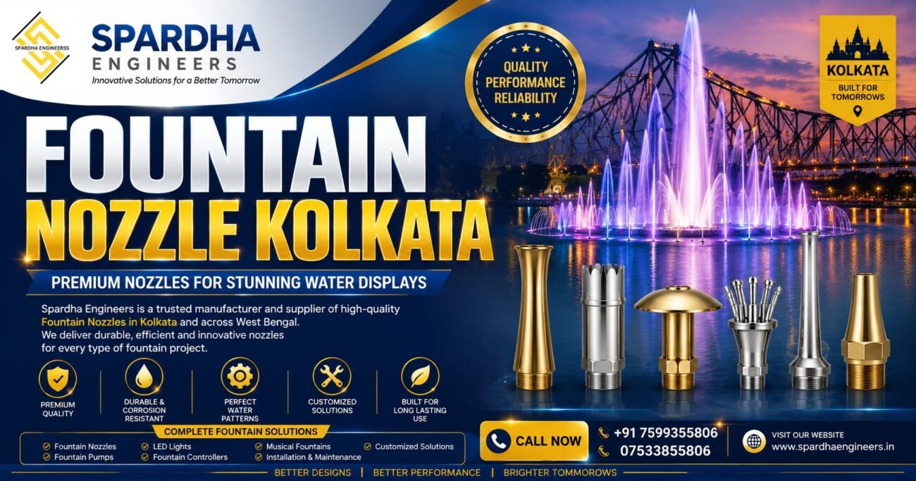 Premium Fountain Nozzle Kolkata with modern decorative water fountain designed and installed by Spardha Engineers for commercial landscapes, parks, hotels, and public spaces.