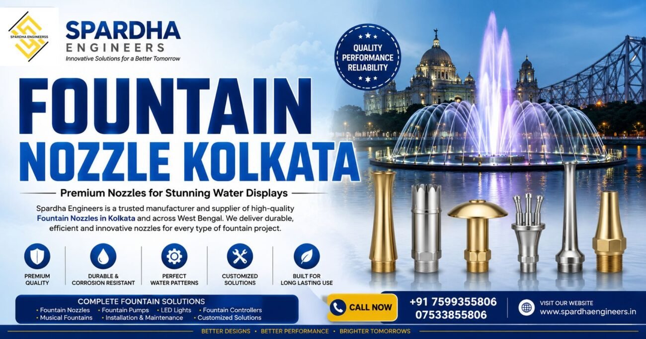 Premium Fountain Nozzle Kolkata water fountain with modern linear jet fountain installed by Spardha Engineers for commercial and landscape projects.